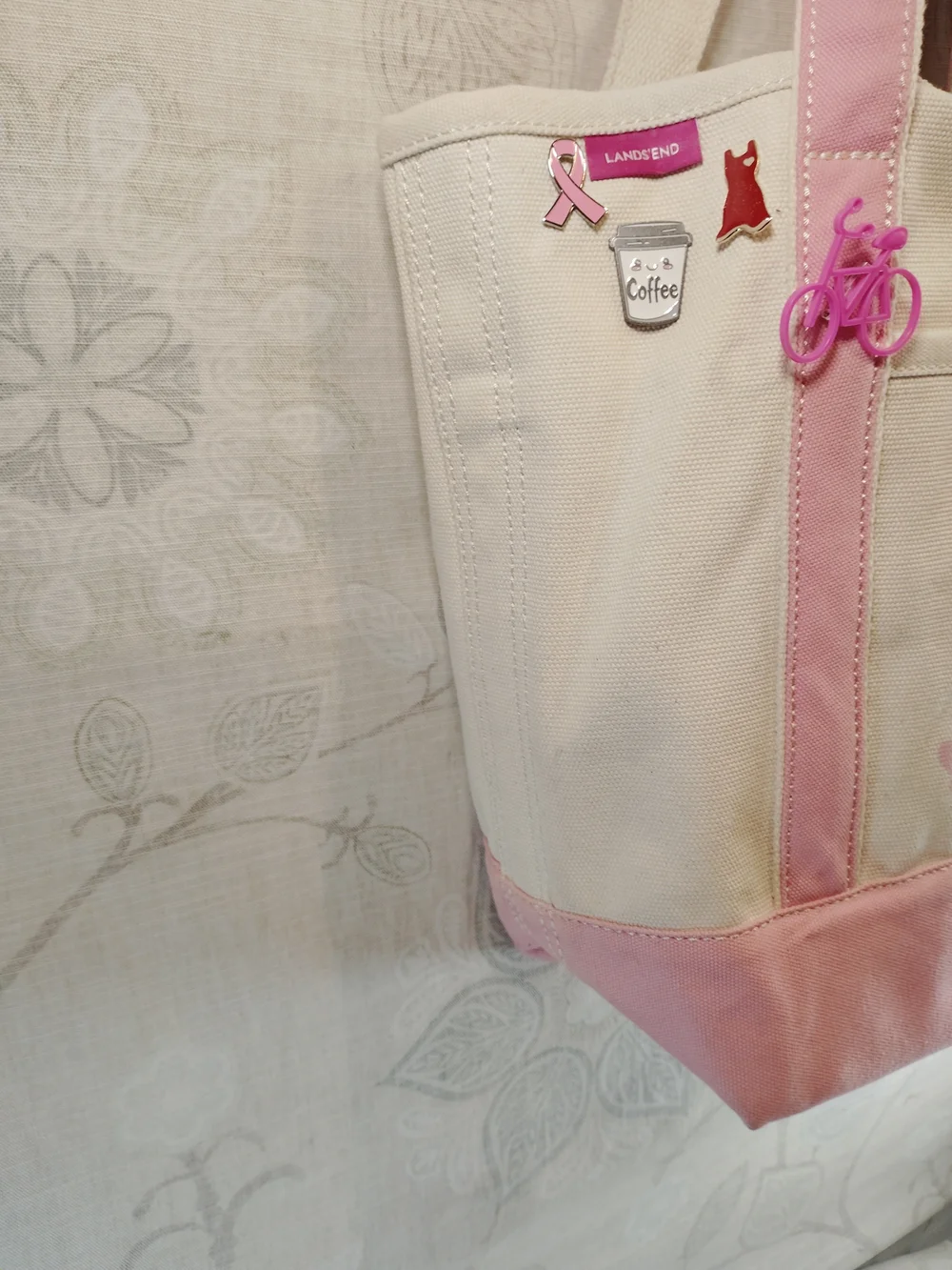 Lands' End Cream and Pink Shoulder Tote Bag with  Charms &Heart Ribbon Motif